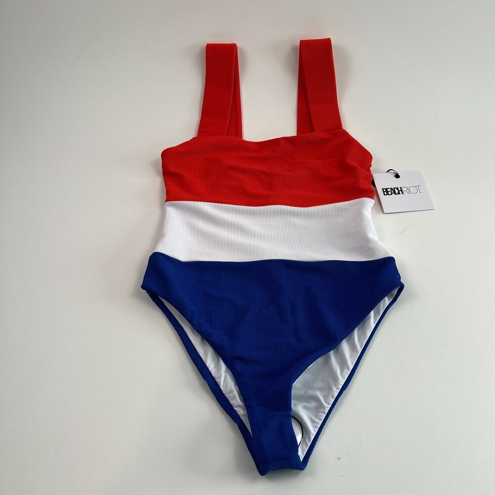 Beach Riot One Piece Square Neck Ribbed Swimsuit Red/Blue/White Size XS NWT - Picture 5 of 11